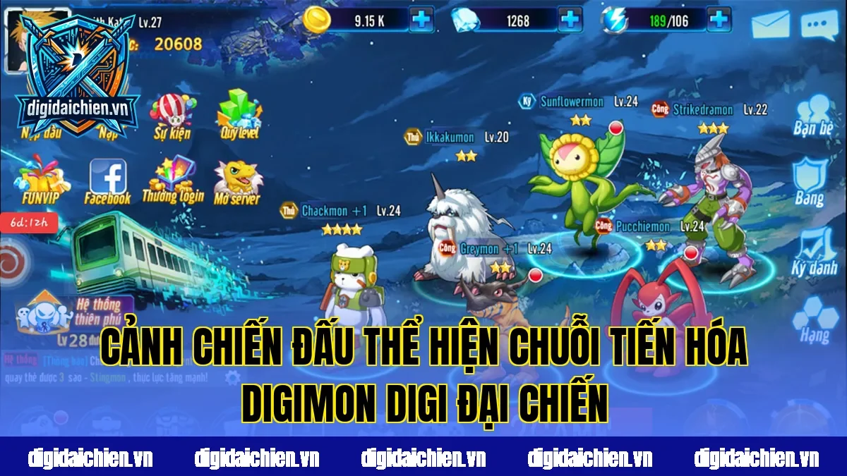 Cảnh chiến đấu thể hiện chuỗi tiến hóa Digimon Digi Đại Chiến